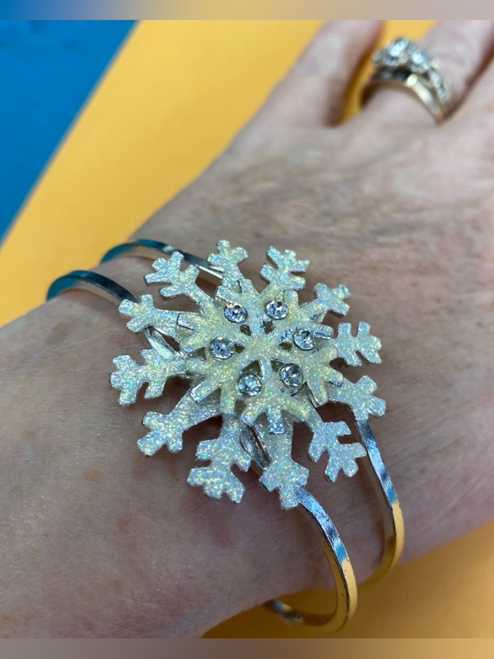 Sparkling Snowflake Cuff Bracelet - White Glitter